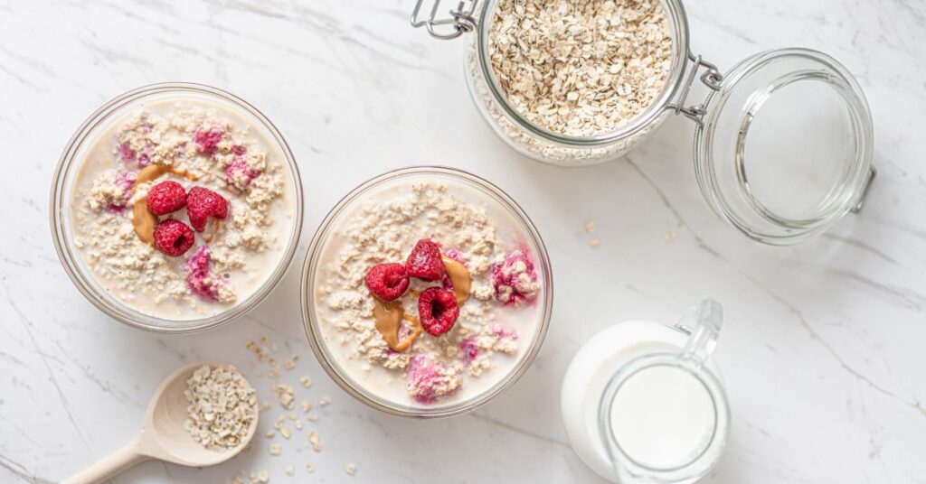 Flat lay of overnight oats with fruit
