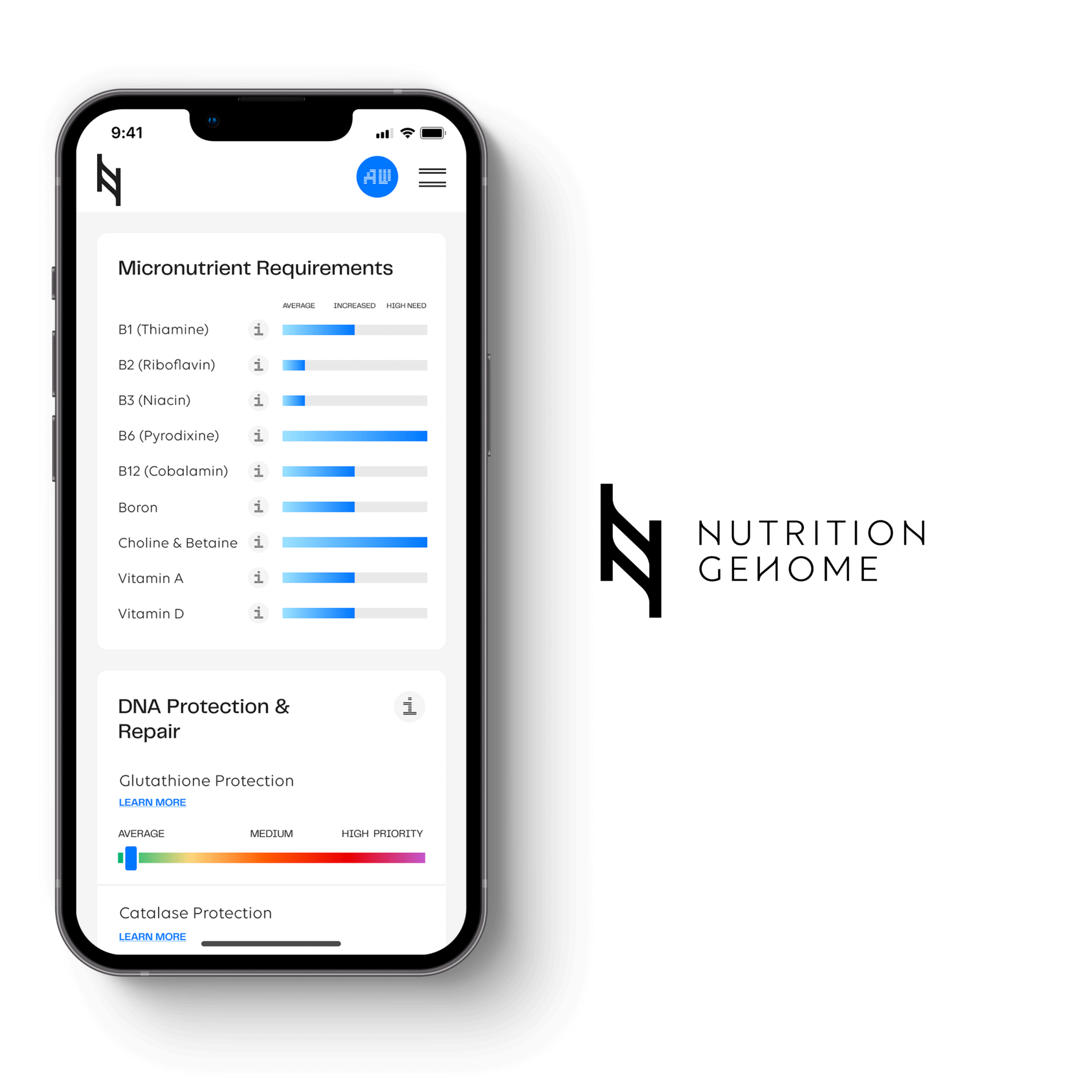 Cellphone showing micronutrient requirements on Nutrition Genome dashboard